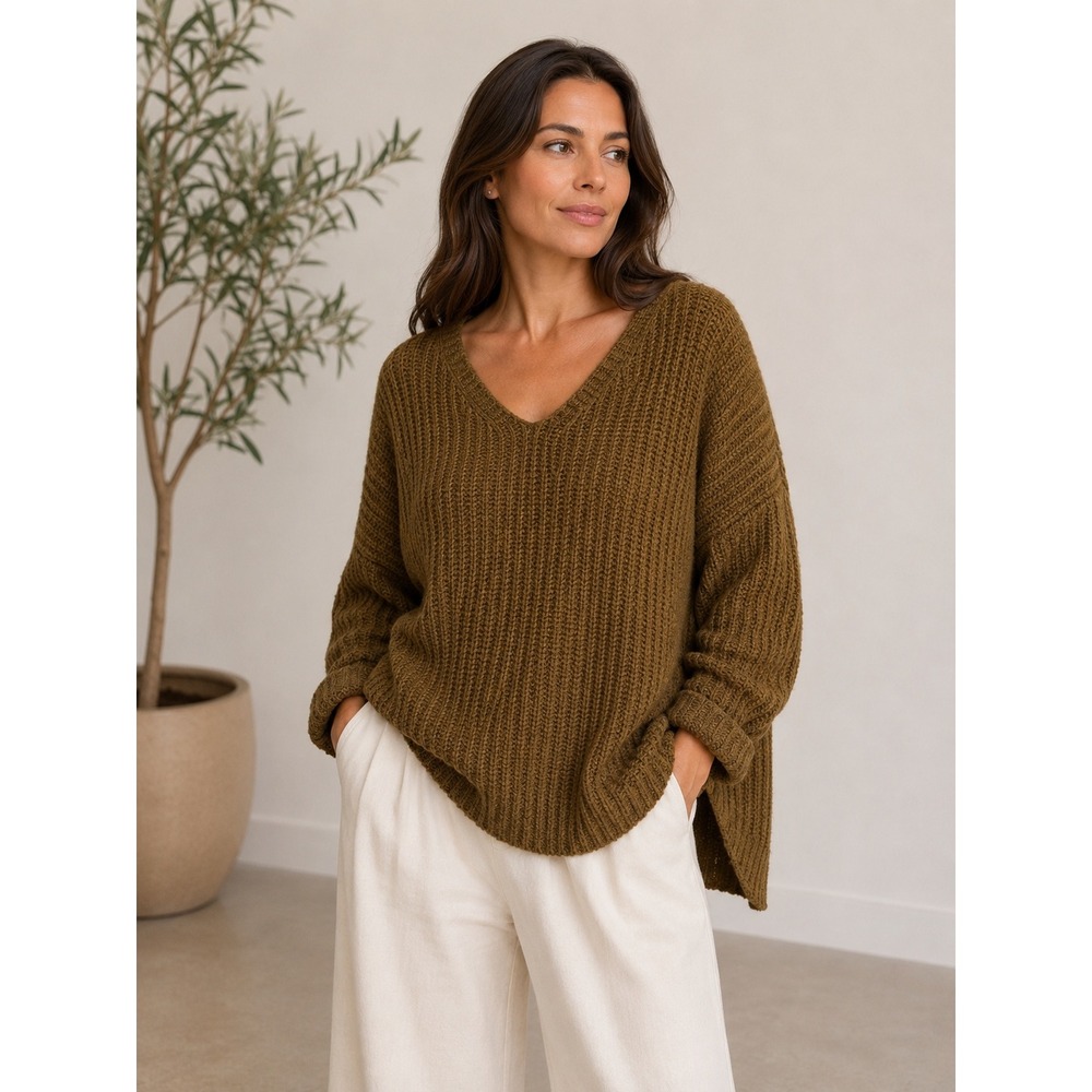 Eileen Fisher V-Neck Sweater Womens Medium Brown Cashmere Blend‎ Boucle